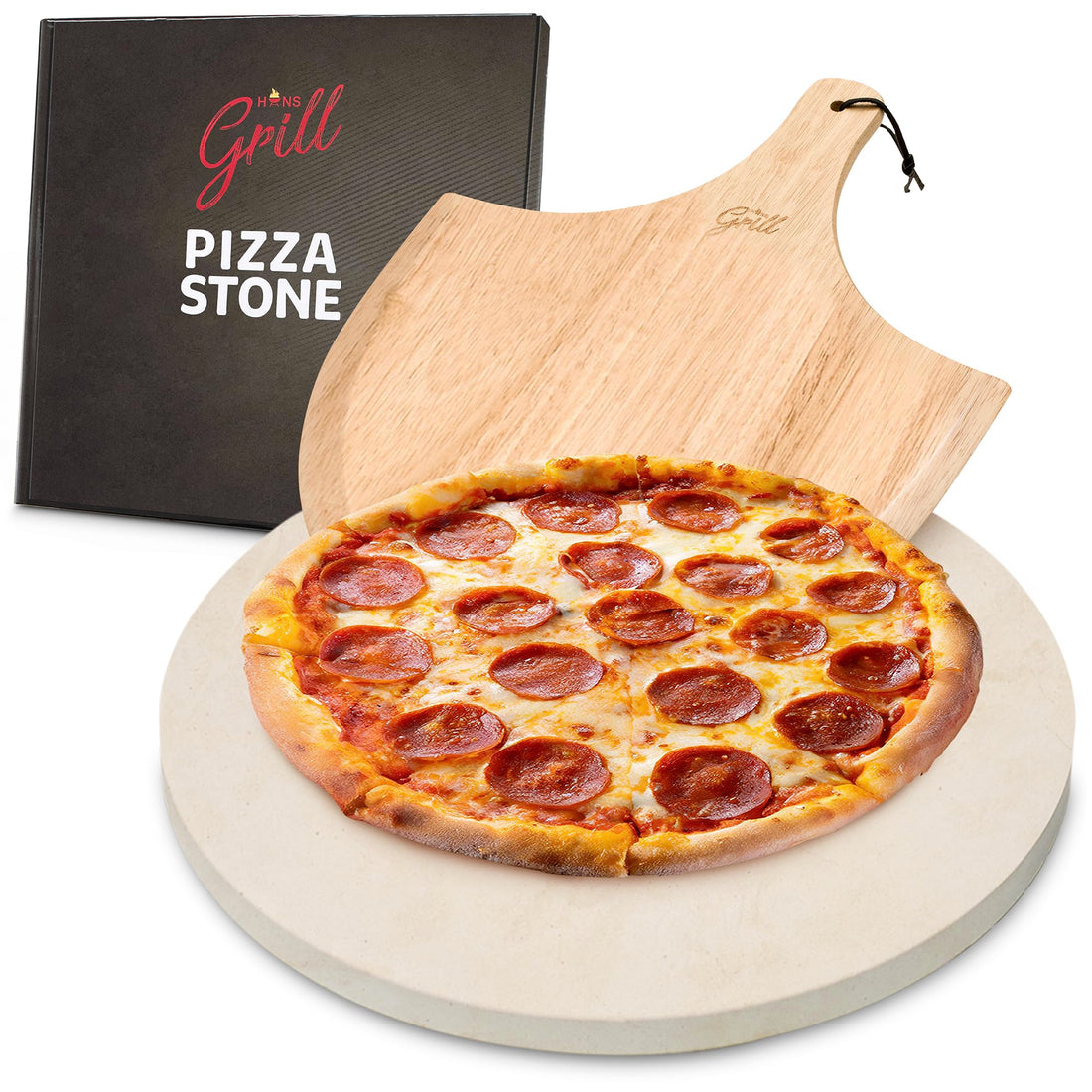 HANS GRILL PIZZA STONE | Circular Pizza Stone For Oven Baking & BBQ Grilling With Free Wooden Peel | Extra Large Round Round