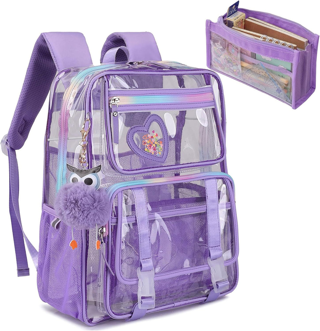 Clear Backpack for School Girls, Heavy Duty & Waterproof See-Through Bookbag with Pencil Case, Transparent Backpack for Work, Travel, Gym, College, Purple