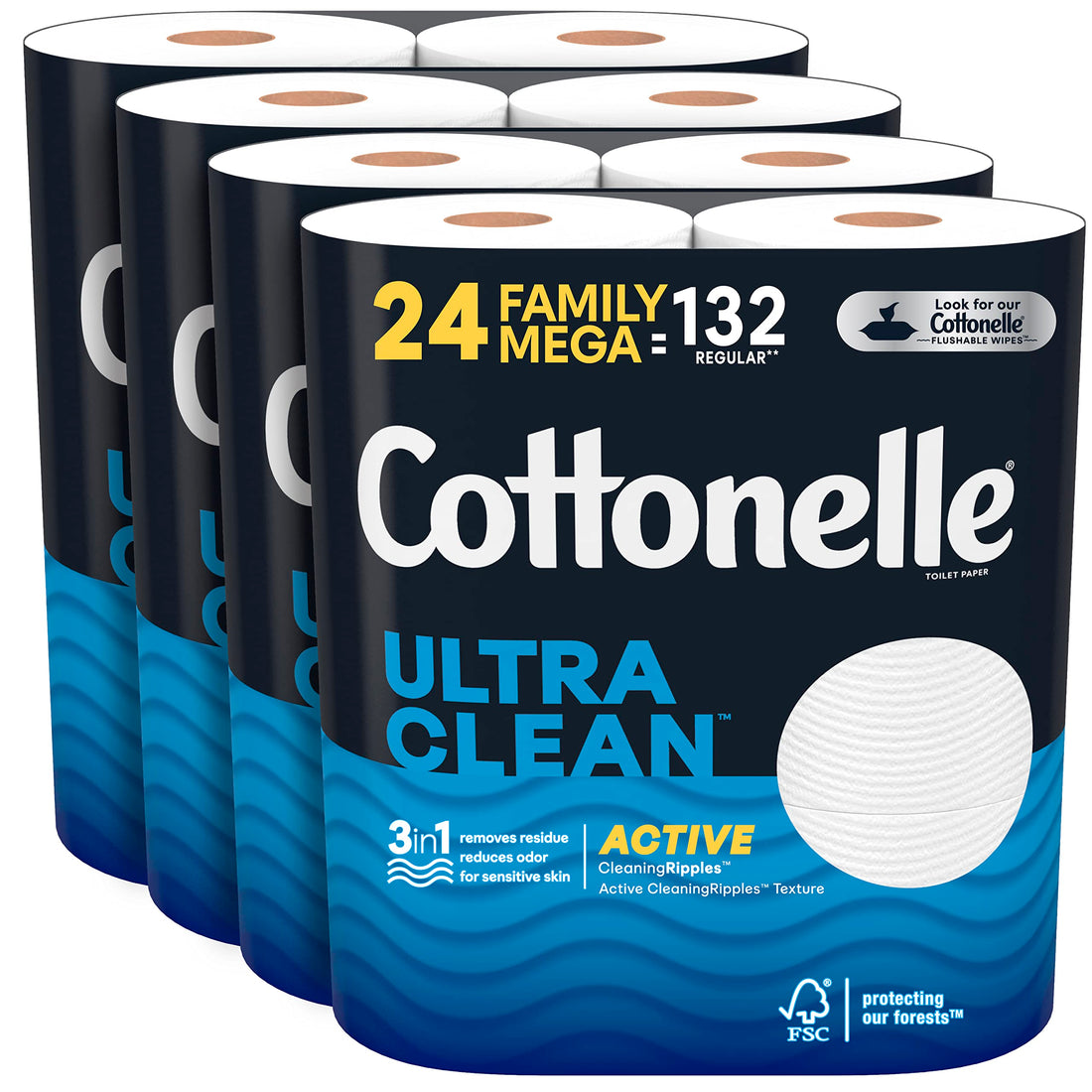 Cottonelle Ultra Clean Toilet Paper with Active CleaningRipples, 1- Ply, 24 Family Mega Rolls (4 Packs of 6) (24 Family Mega Rolls= 132 Regular Rolls), 388 Sheets per Roll, Packaging May Vary - PCTechSupply.com