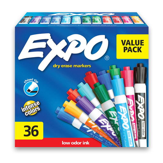EXPO Low Odor Dry Erase Markers, Chisel Tip, Assorted Fashion Colors, 36 Count for Classroom, Office & Home Use Office