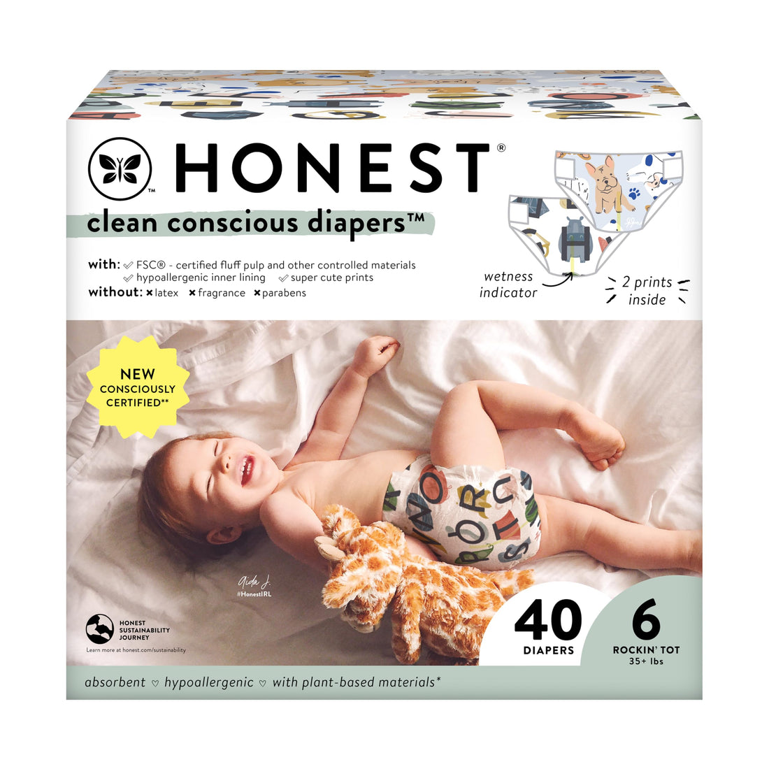 The Honest Company Clean Conscious Diapers | Plant-Based, Sustainable | All The Letters + It's a Pawty | Club Box, Size 6