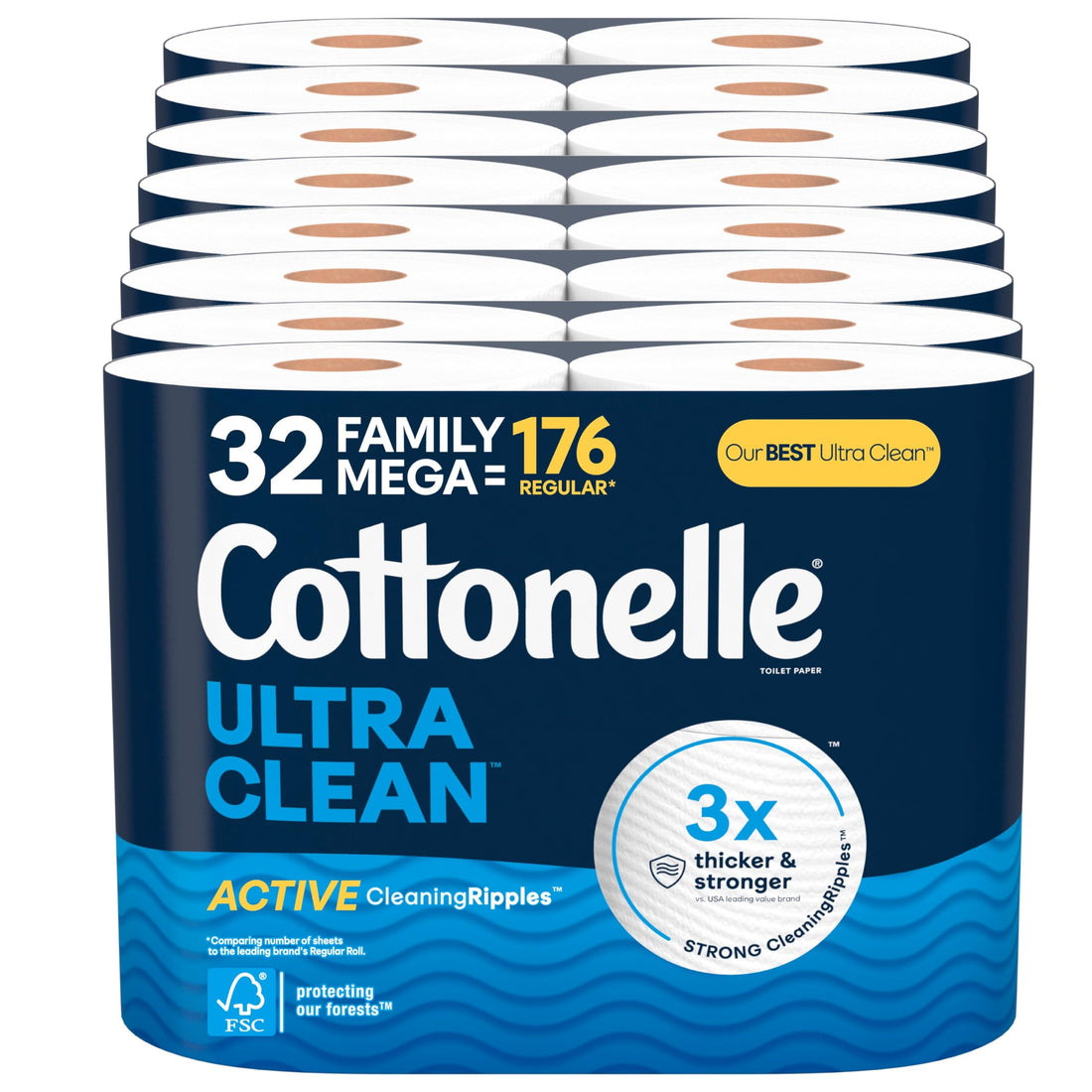 Cottonelle Ultra Clean Toilet Paper with Active CleaningRipples Texture, 32 Family Mega Rolls (32 Family Mega Rolls = 176