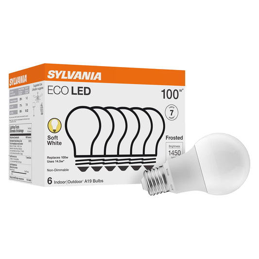 SYLVANIA ECO LED A19 Light Bulb, 100W Equivalent, Efficient 14.5W, 7 Year, 1450 Lumens, Non-Dimmable, Frosted, 2700K, Soft