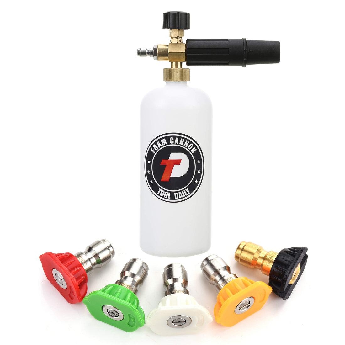 Tool Daily Foam Cannon with 1/4 Inch Quick Connector, 1 Liter, 5 Pressure Washer Nozzle Tips - PCTechSupply.com
