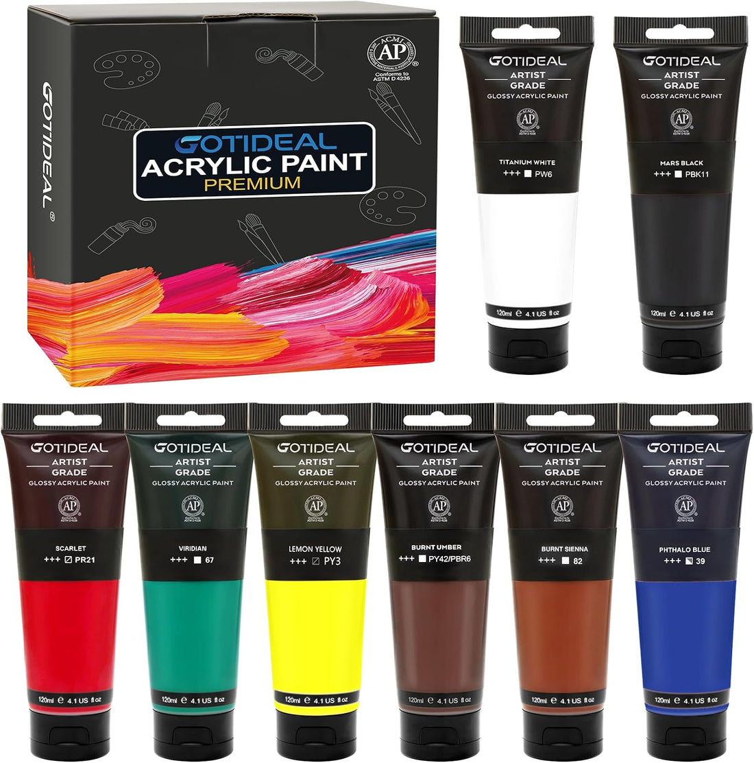 GOTIDEAL Craft Acrylic Paint Set,8 Primary Colors（(120ml,4 oz) Washable