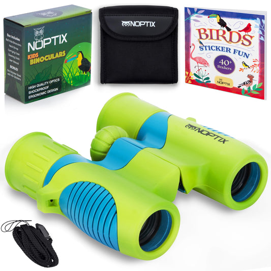 Kids Binoculars girls or boys Real Binoculars in Green Blue - Binoculars for Toddlers up to Kids age 14 - includes sticker