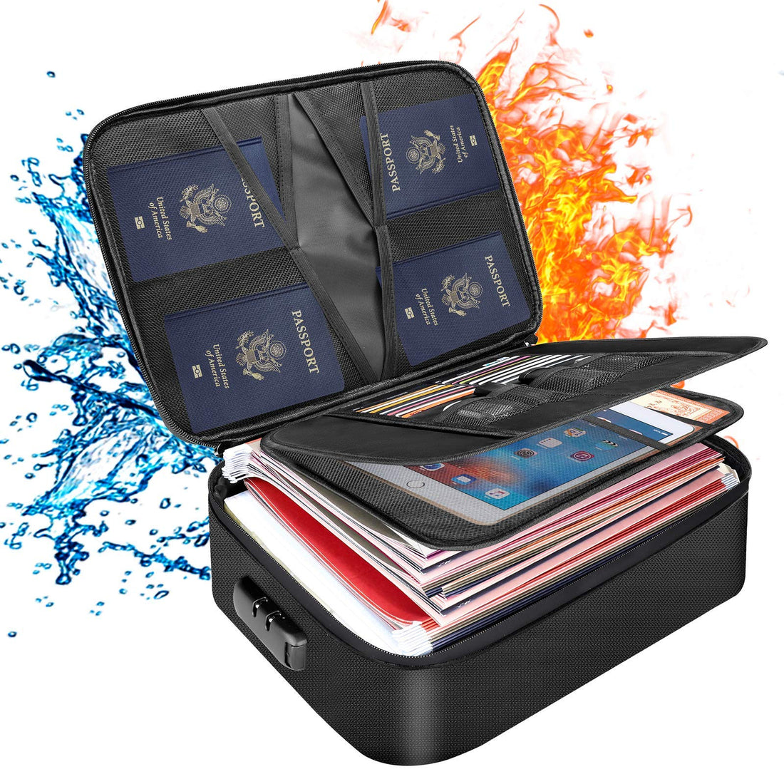 DocSafe Document Bag with Lock,Fireproof 3-Layer File Storage Case with Water-Resistant Zipper,Document Safe Portable Travel