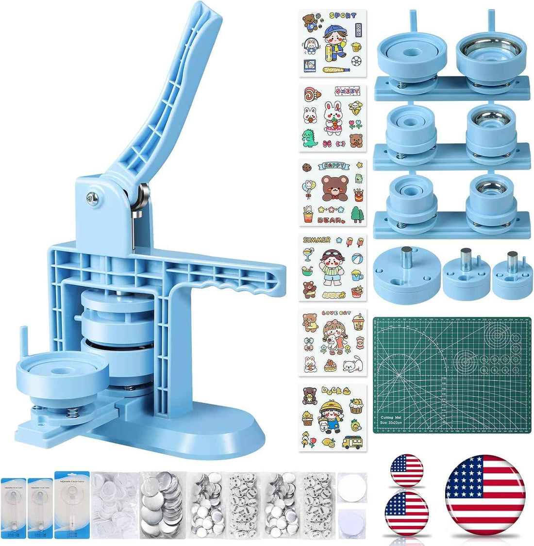 Happizza Button Maker Machine Multiple Sizes (4th Gen), Pin Maker 1+1.25+2.25 inch / 25+32+58mm, Badge Button Press Machine with Cutting Mat & 300 Sets Badge Making Supplies & Circle Cutter