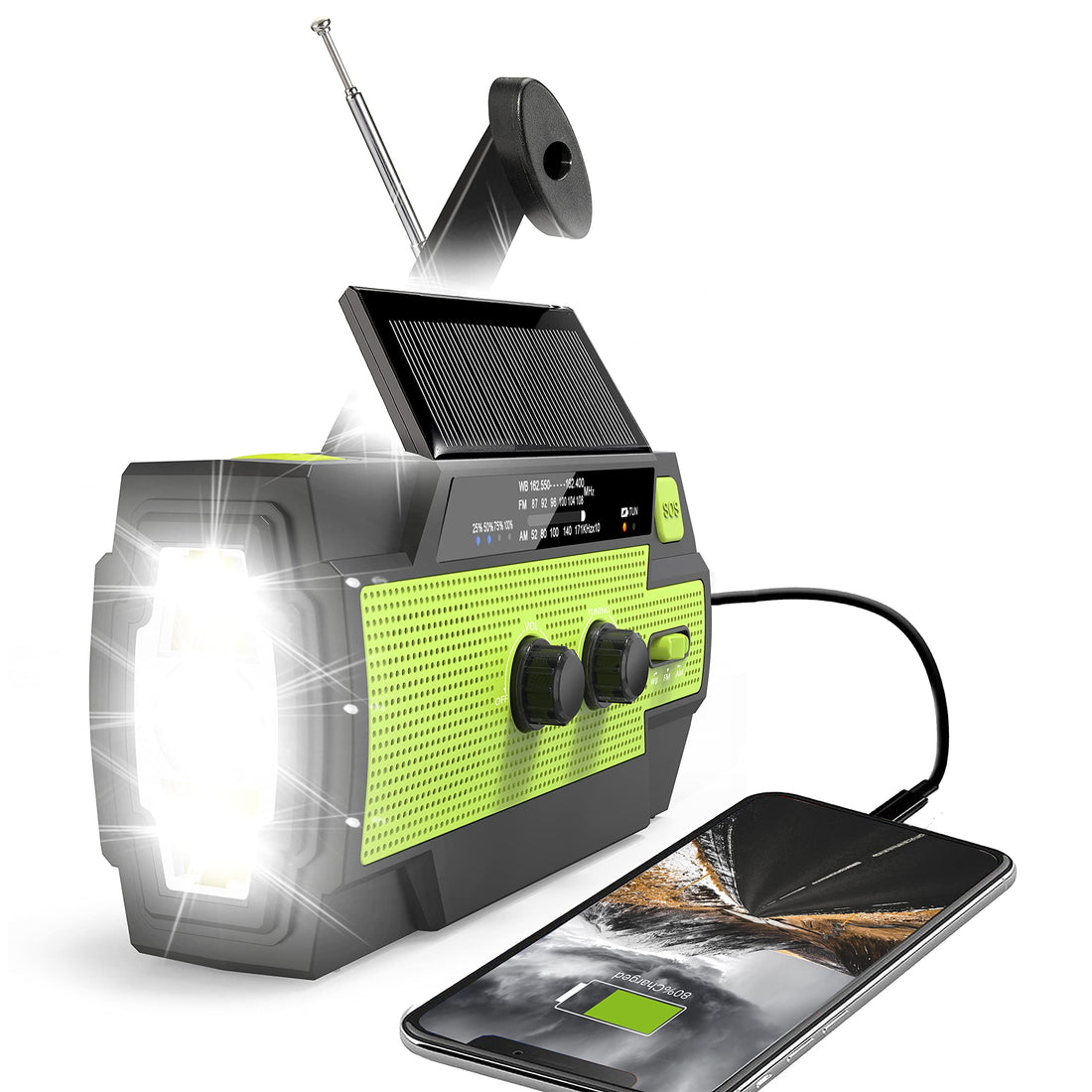 Emergency Crank Weather Radio, 4000mAh Solar Hand Crank Portable AM/FM/NOAA, with 1W 3 Mode Flashlight & Motion Sensor