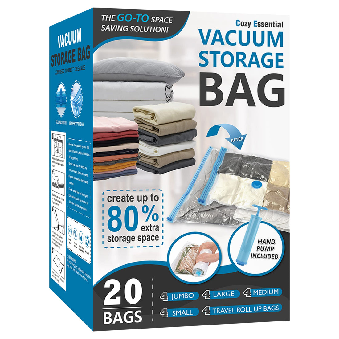 20 Pack Vacuum Storage Bags, Space Saver Bags (4 Jumbo/4 Large/4 Medium/4 Small/4 Roll) Compression for Comforters and
