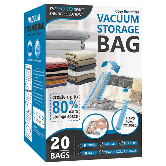 20 Pack Vacuum Storage Bags, Space Saver Bags (4 Jumbo/4 Large/4 Medium/4 Small/4 Roll) Compression for Comforters and