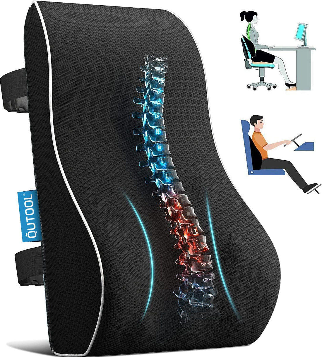 QUTOOL Lumbar Support Pillow for Office Chair Back Support Pillow for Car, Computer, Gaming Chair Memory Foam Back Cushion for Back Pain Relief Improve Posture, Mesh Cover Double Adjustable Straps - PCTechSupply.com