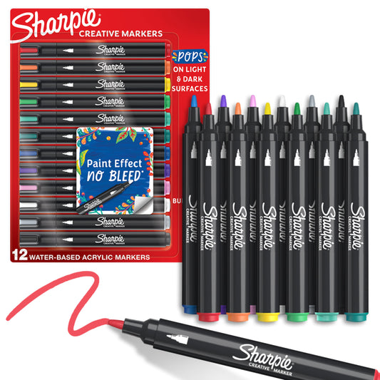 Sharpie Acrylic Creative Markers, Bullet Tip, Vibrant Assorted Colors, Non-Bleeding Water-Based Ink, Pack of 12 Office