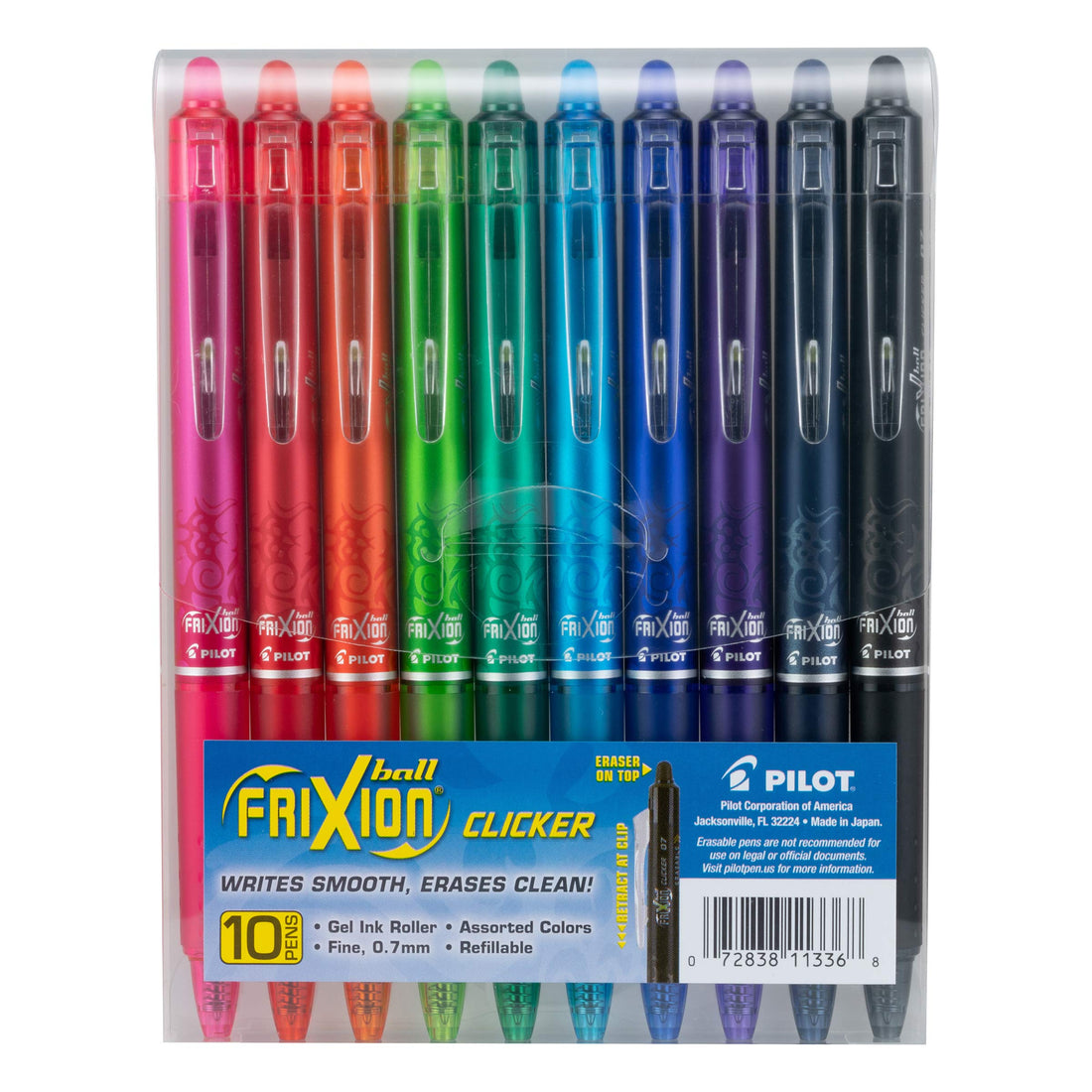 Pilot, FriXion Clicker Erasable Gel Pens, Fine Point 0.7 mm, Pack of 10, Assorted Colors - PCTechSupply.com