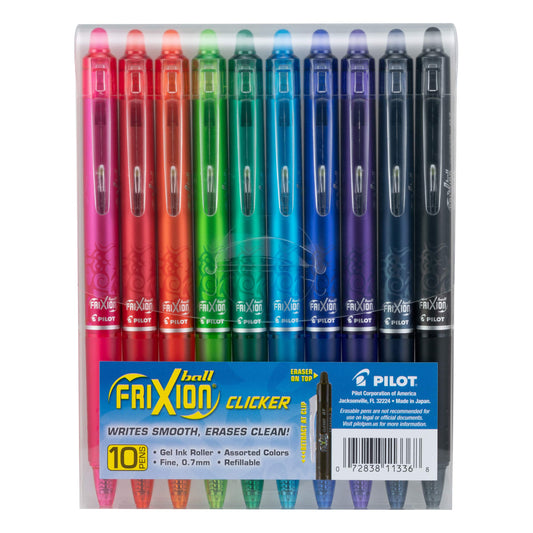 Pilot, FriXion Clicker Erasable Gel Pens, Fine Point 0.7 mm, Pack of 10, Assorted Colors - PCTechSupply.com