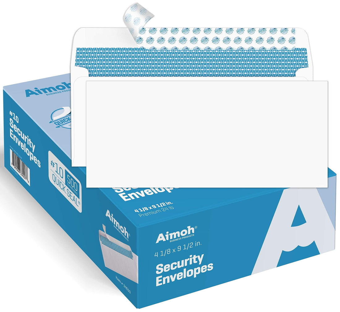 Aimoh 500#10 Security Self Seal Envelopes, Windowless, Premium Security Tint Pattern, Ultra Strong Quick Seal Closure, EnveGuard, Size 4-1/8 x 9-1/2", White, 24LB, 500 Count(34010) - PCTechSupply.com