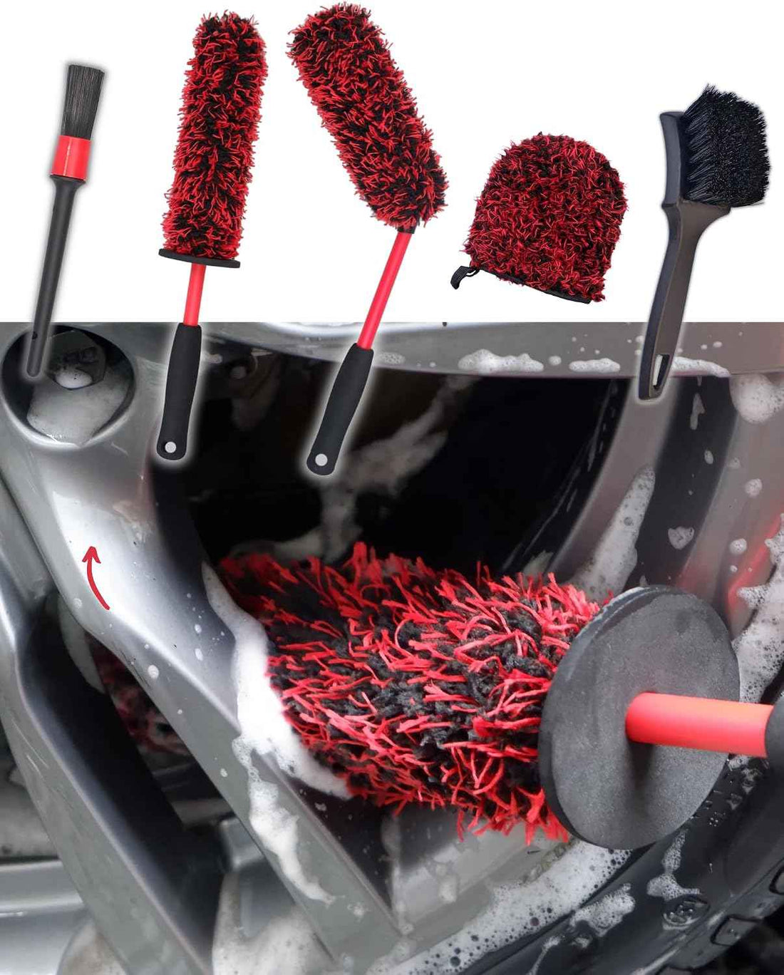 oesee Professional 4 Pack Long Handle Wheel Brush Kit for Cleaning Wheel and Tire- 2X Soft Wheel Cleaning Brush, Detailing Brush and Stiff Tire Brush, Bendable& Durable Wheel Rim Cleaner Brush Set