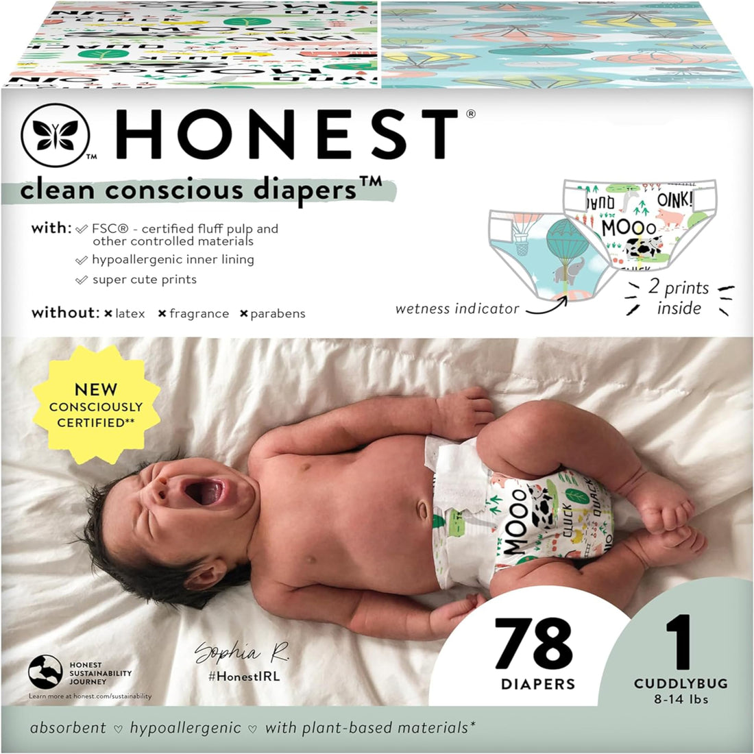 The Honest Company Clean Conscious Diapers | Plant-Based, Sustainable | Above It All + Barnyard Babies | Club Box, Size 1