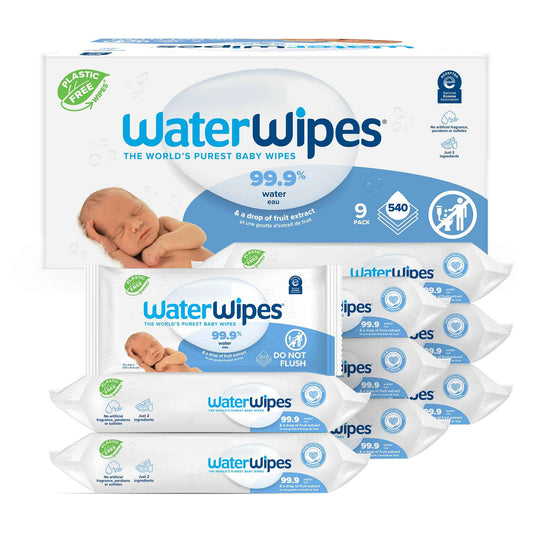 WaterWipes Plastic-Free Original-baby Wipes, 99.9% Water Based Wipes, Unscented & Hypoallergenic for Sensitive Skin, 60 Count (Pack of 9) Total 540 wipes, Packaging May Vary