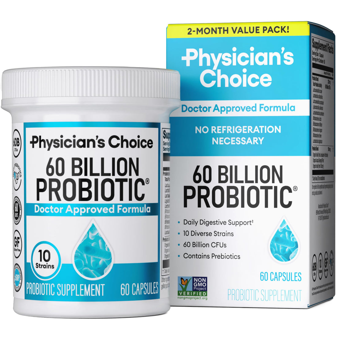 Physician's CHOICE Probiotics 60 Billion CFU - 10 Strains + Organic Prebiotics - Immune, Digestive & Gut Health - Supports