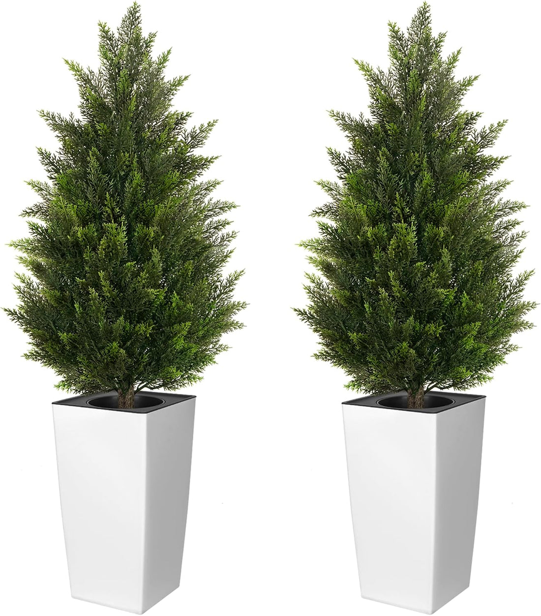4FT Tall 2 Pack Artificial Cedar Topiary Trees with Compact Pyramidal Shape, Realistic Faux Cypress in Square White Pot with Fillable Water Bag, Outdoor Evergreen for Front Porch Garden Home Decor