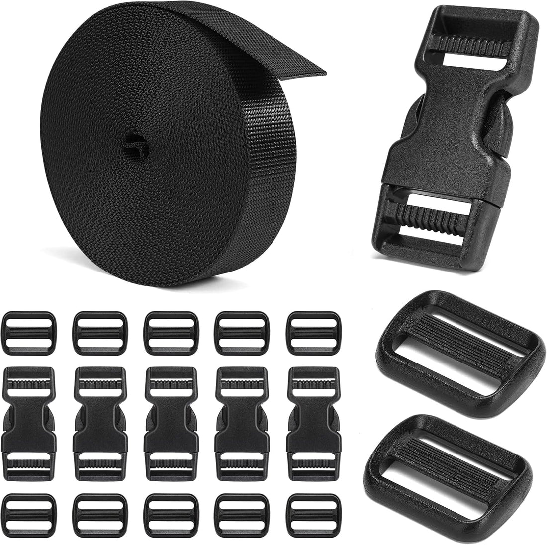 BEYOURD Buckles and Straps Set 1": 6 Yards of Thick Nylon Webbing, 6-Pack Heavy Duty Adjustable Quick Side Release Plastic Buckles, 12 Tri-Glide Slide Clips, Black (1-Inch Combo Set)