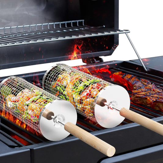 Ivtivfu Nesting Grill Baskets (2PCS), Removable Wooden Handle, 304 Stainless Steel, Rolling Grilling Net, BBQ Accessories