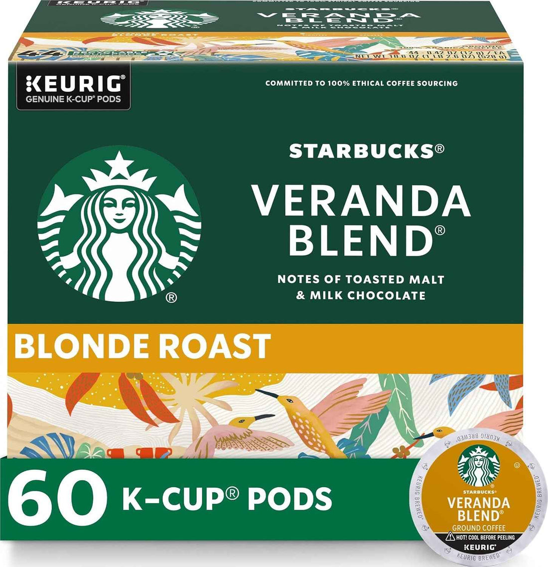 Starbucks K-Cup Coffee Pods, Starbucks Blonde Roast Hot or Iced Coffee, Veranda Blend, 60 Keurig Pods | 100% Arabica K-Cup pods for Keurig brewers; Veranda Blend blonde roast; 6 boxes, 10 pods each (60 total)