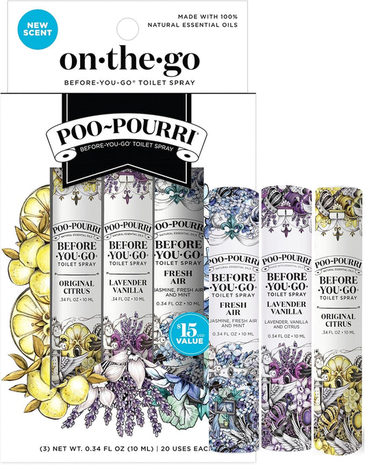 Poo-Pourri Before-You-Go Toilet Spray, Travel Essentials, .34 Fl Oz, In A Pinch Variety 3 Pack, Each Up to 20 Uses, On-The-Go Bathroom Odor Deodorizer with Essential Oils, TSA Approved Size, 3 Scents