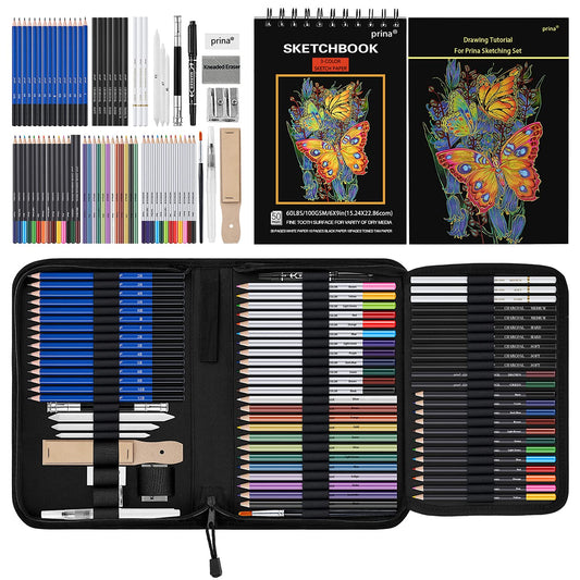 Prina 76 Pack Drawing Set Sketching Kit, Pro Art Supplies with 3-Color Sketchbook, Include Tutorial, Colored, Graphite,