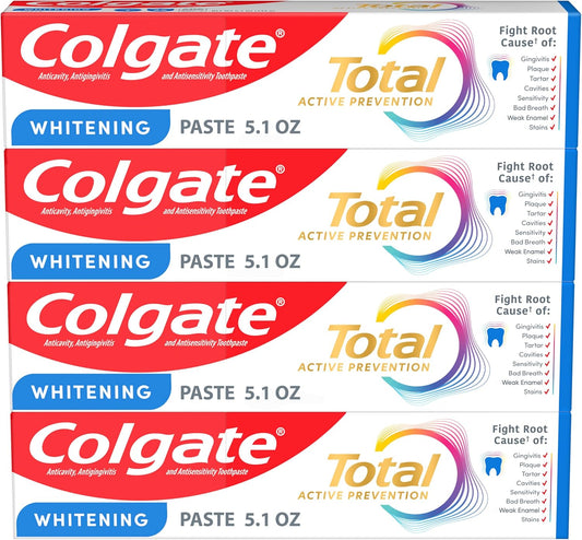 Colgate Total Whitening Toothpaste with Fluoride, Bulk 4 Pack, 5.1 oz