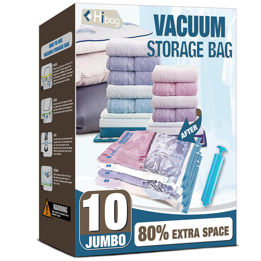 HIBAG Vacuum Storage Bags, 10 Jumbo Space Saver Vacuum Seal Bags, Space Bags, Vacuum Sealer Bags for Clothes, Comforters,