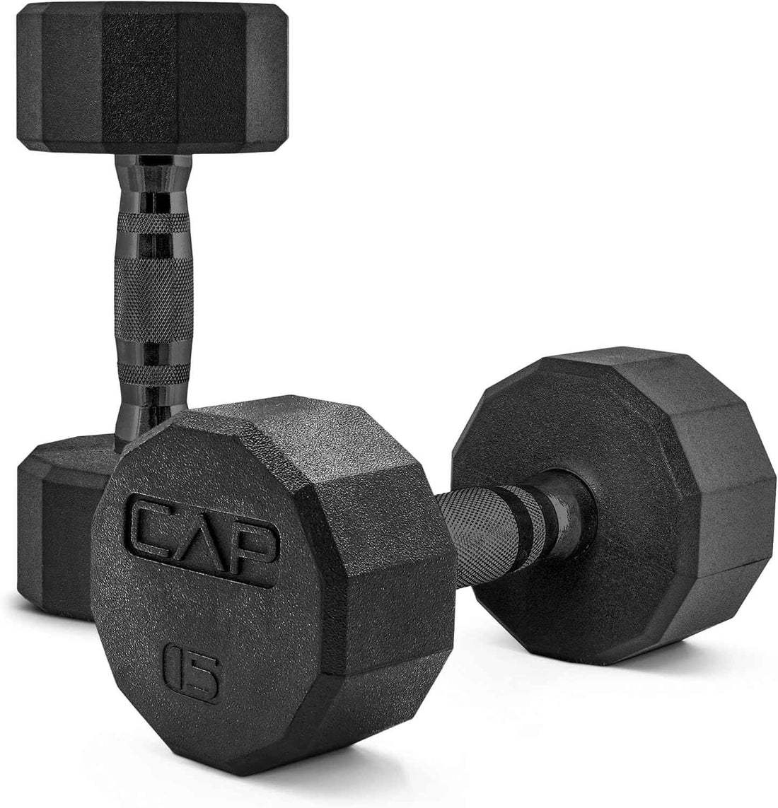CAP Rubber Coated Dumbbell Weights, Free Weights for Home Gym Strength Training, Anti-Roll Hex Dumbbells with Black, Chrome & Comfort Grip Handles, Pairs & Sets