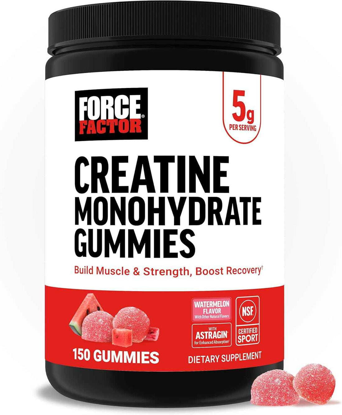 Force Factor Creatine Monohydrate Gummies, NSF Certified | 5g Dose to Support Muscle, Strength, Recovery, Cognitive Health & Memory, Packaging May Vary, Watermelon, 150 Gummies