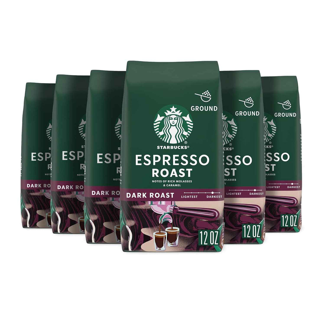 Starbucks Ground Coffee, Dark Roast Hot or Iced Coffee, Espresso Roast, Six 12 oz Bags | 100% Arabica ground coffee; Dark Roast Espresso Roast; 6 bags, 12 oz each (72 oz total)