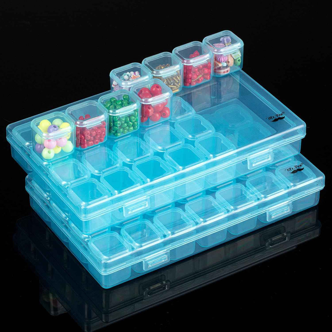 Mr. Pen- Bead Storage Containers, 28 Grids, 2 Pack, Transparent Blue