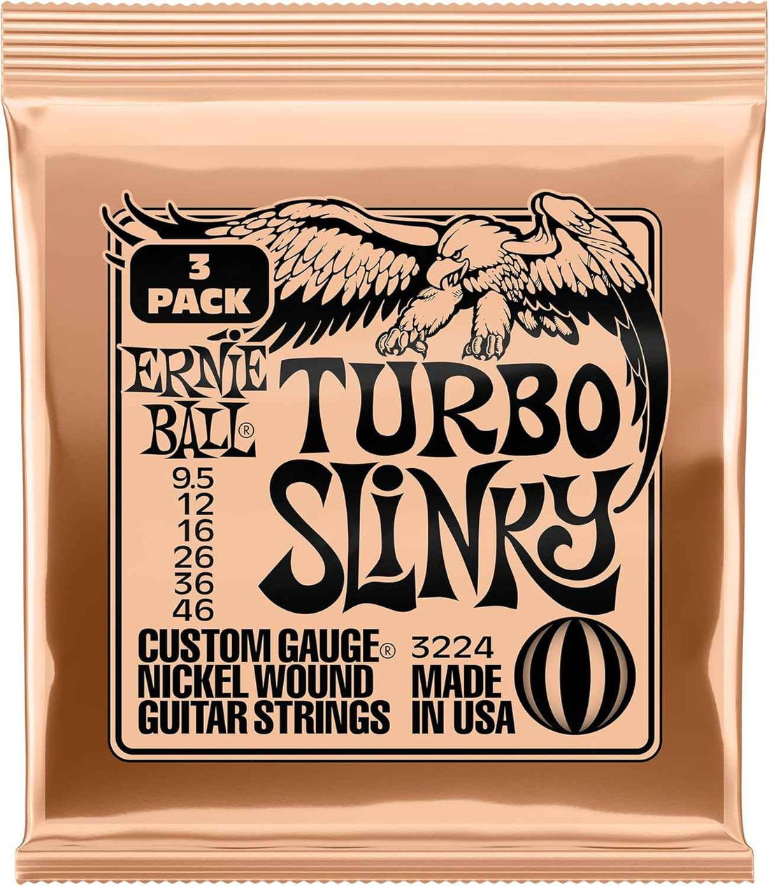 Ernie Ball Turbo Slinky Nickel Wound Electric Guitar Strings 3-pack, 9.5-46 Gauge (P03224)