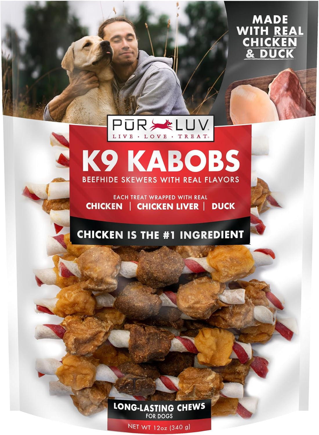 Pur Luv Dog Treats, K9 Kabobs Made with Real Chicken and Duck, 12 Ounces, Dog Snacks, Healthy, Easily Digestible, Long-Lasting, High Protein Treat, Satisfies Urge to Chew