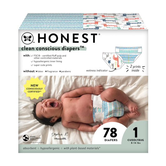The Honest Company Clean Conscious Diapers | Plant-Based, Sustainable | Dots & Dashes + Multi-Colored Giraffes | Club Box,