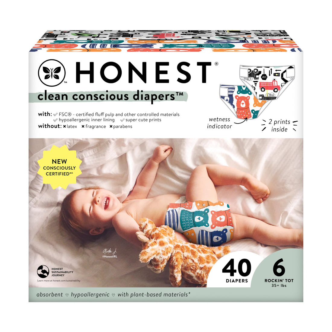 The Honest Company Clean Conscious Diapers | Plant-Based, Sustainable | Beary Cool + Big Trucks | Club Box, Size 6 (35+
