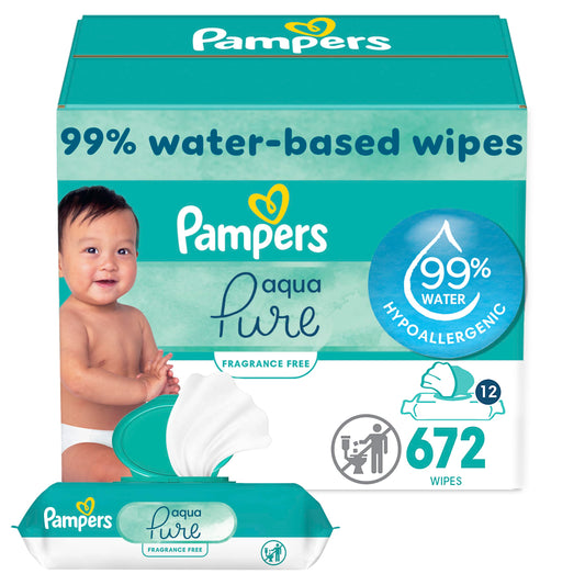Pampers Aqua Pure Sensitive Baby Wipes, 99% Water, Hypoallergenic, Unscented, 12 Flip-Top Packs (672 Wipes Total) Drugstore