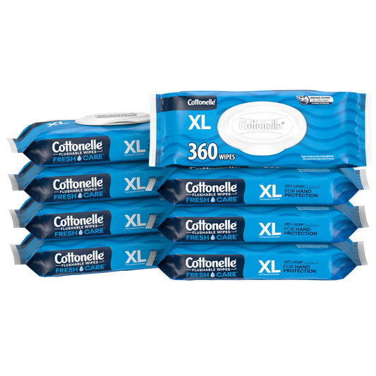 Cottonelle XL Flushable Wet Wipes, Adult Wipes Large, 8 Flip-Top Packs, 45 Wipes Per Pack (360 Total Wipes), Packaging May