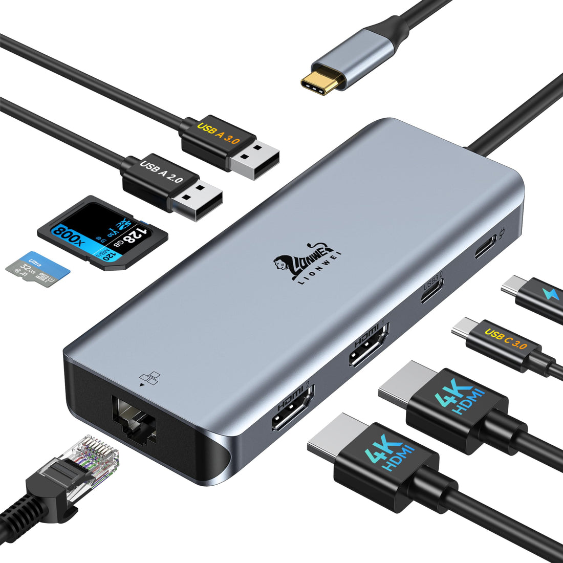 LIONWEI 9 in 1 Laptop USB C Docking Station, Dual HDMI, 100W PD, USB C 3.0, Ethernet, Audio/Mic, USB C Hub for