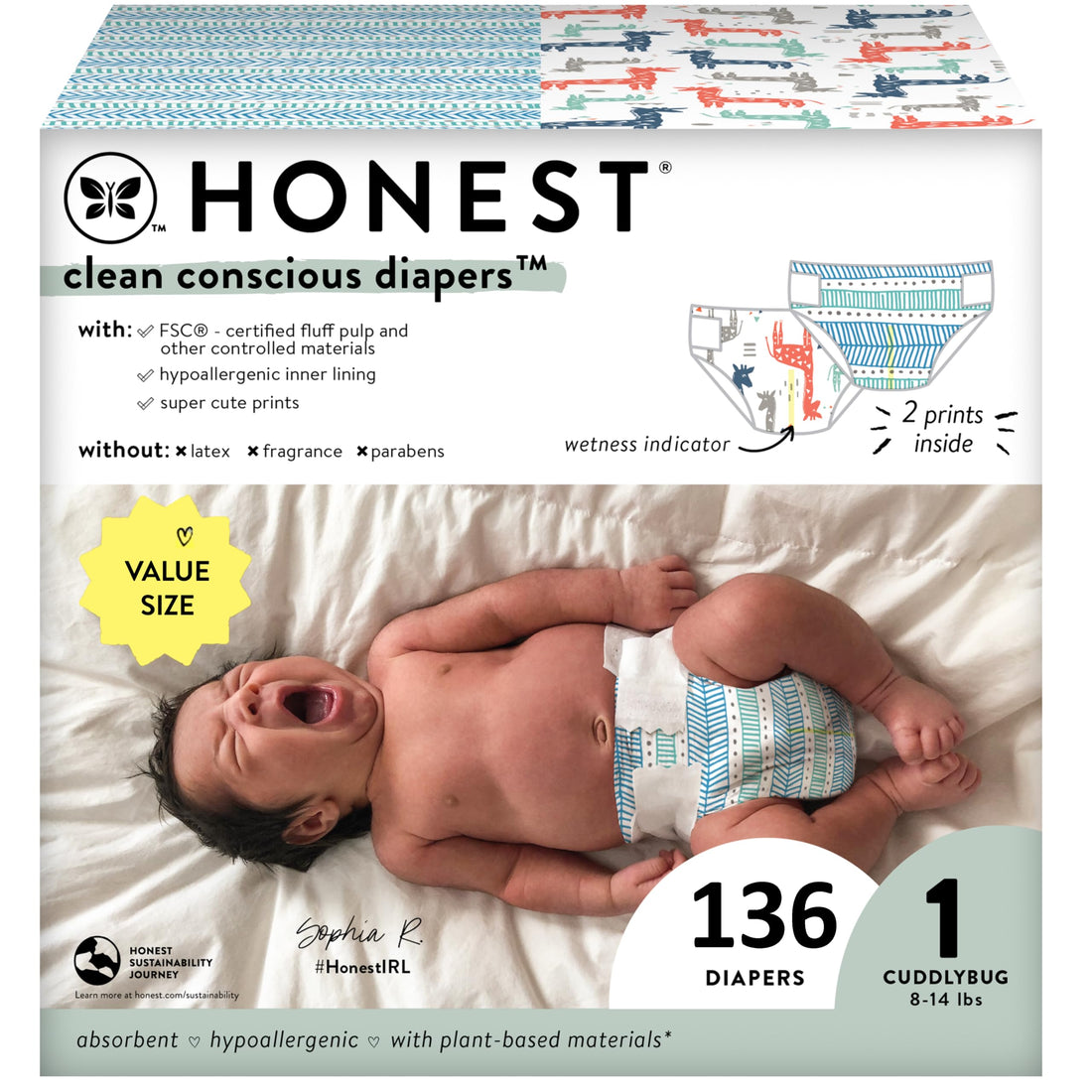 The Honest Company Clean Conscious Diapers | Plant-Based, Sustainable | Dots & Dashes + Multi-Colored Giraffes | Super Club