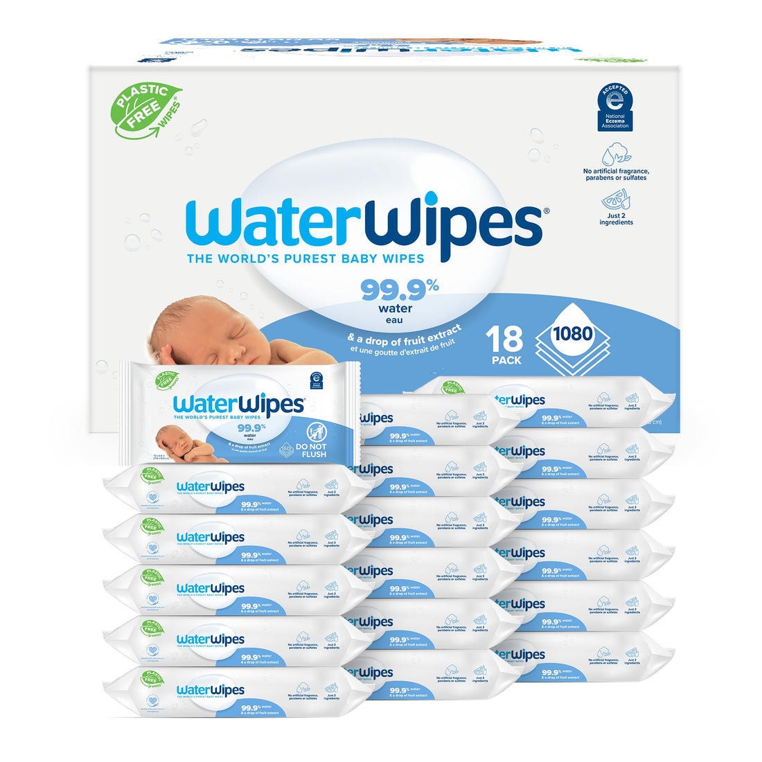 WaterWipes Plastic-Free Original Baby Wipes, 99.9% Water Based Wipes, Unscented & Hypoallergenic for Sensitive Skin, 1080