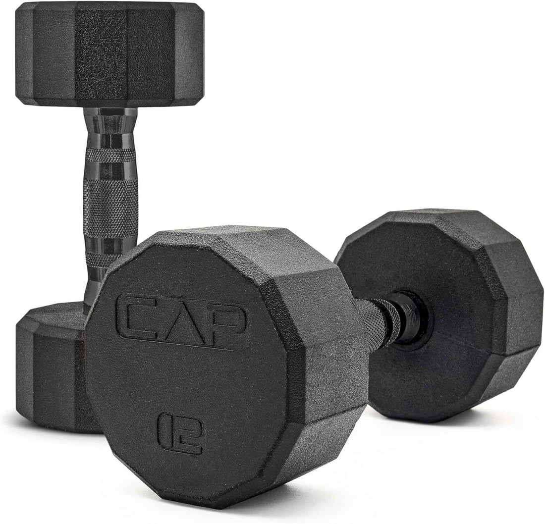 CAP Rubber Coated Dumbbell Weights, Free Weights for Home Gym Strength Training, Anti-Roll Hex Dumbbells with Black, Chrome & Comfort Grip Handles, Pairs & Sets