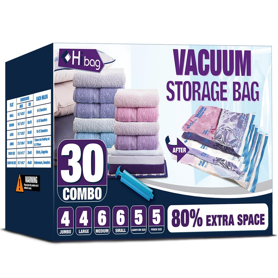 HIBAG Vacuum Storage Bags, 30-Pack Space Saver Vacuum Storage Bags, Vacuum Seal Bags for Clothing, Clothes, Comforters and