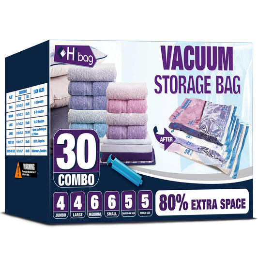 HIBAG Vacuum Storage Bags, 30-Pack Space Saver Vacuum Storage Bags, Vacuum Seal Bags for Clothing, Clothes, Comforters and