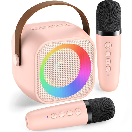 Karaoke Machine for Kids Adults, Mini Portable Bluetooth Karaoke Speaker with 2 Wireless Microphone and Lights, Christmas