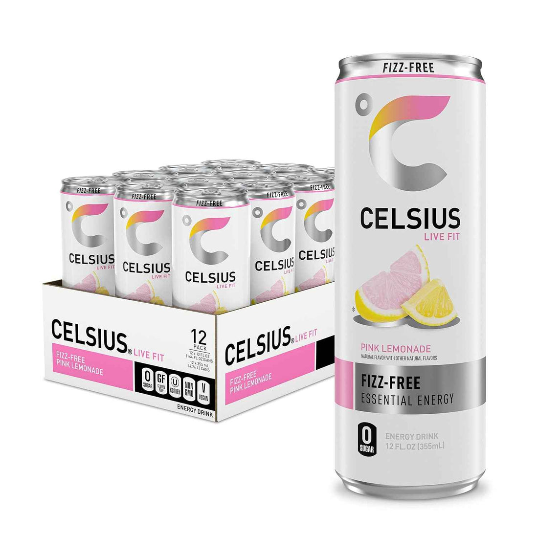 CELSIUS Fizz Free Pink Lemonade, Sugar Free Energy Drink, 12 Fl Oz (Pack of 12)